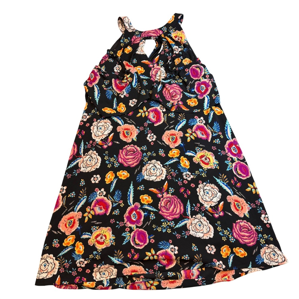 As‎ U Wish Floral Halter Dress Black Multi Color Ruffle Keyhole Medium